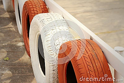 Tires on the road at the speedway. Stock Photo