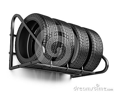 Tires set for sale at a tire store on the wall. Stock Photo