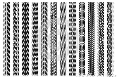 Tires tread tracks. Dirty tire track, grunge texture treads pattern and truck car trace vector illustration set Vector Illustration