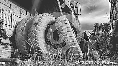 Tires of truck in the wreck yard. Stock Photo