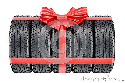 Tires wrapped ribbon and bow, gift concept. 3D rendering Stock Photo