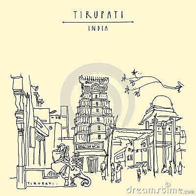 Tirupati, Andhra Pradesh, India. Hindu Sri Govindarajaswami Temple. Gopuram, mandapam and a sadhu sitting. Travel sketch. Stock Photo