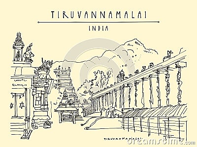 Tiruvannamalai Tiru, Tamil Nadu, India. Arulmigu Arunachaleswarar Temple The Annamalaiyar Shiva Temple, Annamalaiyar hill. Vector Illustration