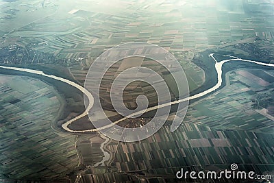 The Tisa River in Serbia is seen from the plane Stock Photo