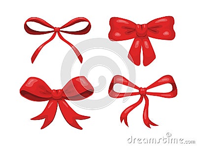 Set of four vector cartoon red bows isolated on white background Vector Illustration