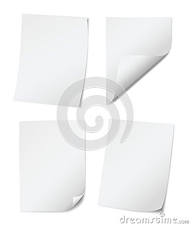 Set of four white empy paper pages with rolled edges on white background Vector Illustration