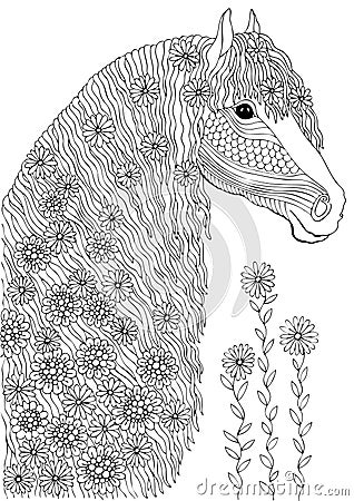 Hand drawn horse head with flowers, coloring page Vector Illustration