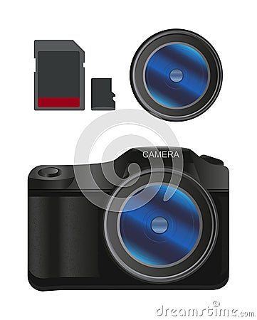 Vector photographic set with Digital DSLR camera and accessories Vector Illustration