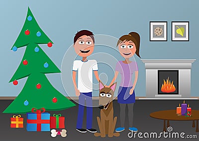 Happy man and woman and dog standing together next the christmas tree Cartoon Illustration