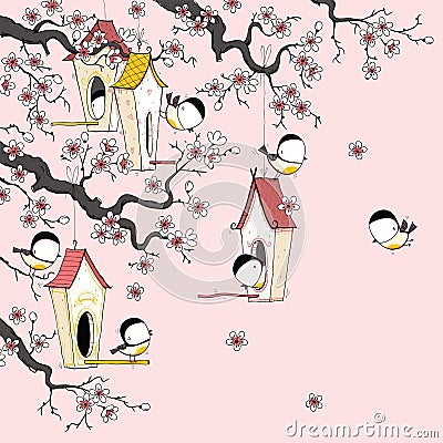 Tit birds in birdhouses on blossom sprinng cherry tree Vector Illustration