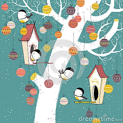 Tit birds in birdhouses on Christmas background Vector Illustration