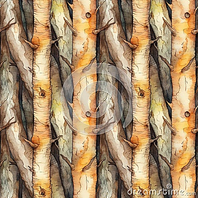 Ai rendered seamless repeat pattern of tree barks in watercolour painting. Warm browns. Cartoon Illustration