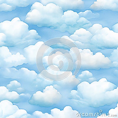 Ai rendered seamless repeat pattern of a blue sky with clouds. Cartoon Illustration