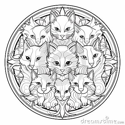 Ai rendered round b+w illustration with many cats heads. Line drawing Cartoon Illustration