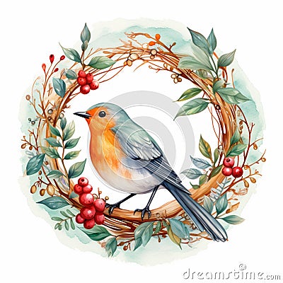 AI rendered wreath with a robin. Christmas illustration Cartoon Illustration