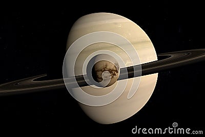 Titan, Saturn moon, rotating and orbiting around Saturn planet. 3d render Stock Photo