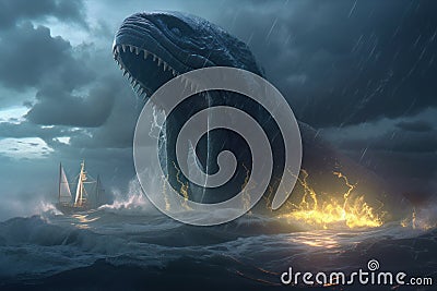 Titanic Clash: Sea Monster vs Whale in Stormy Seas - 8k Concept Art Trending on Artstatio Stock Photo