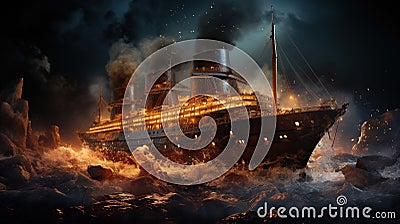 The Titanic Colliding With An Iceberg Depicting The Moment of Impact in The Midst of The Dark and Icy Ocean Seascape Background Stock Photo