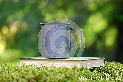 Titanium mug on a book in the forest. Fern and moss background is blurred Stock Photo