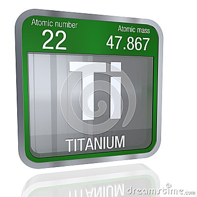 Titanium symbol in square shape with metallic border and transparent background with reflection on the floor. 3D render. Element Stock Photo