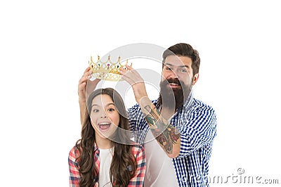 Title and award. Miss little princess. Man put golden crown on head of child. Winner and prize. Premium award. Ceremony Stock Photo
