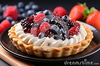 title. Delectable and Refreshing Berry Dessert with Fresh Mint on a Rustic Wooden Plate, Stock Photo