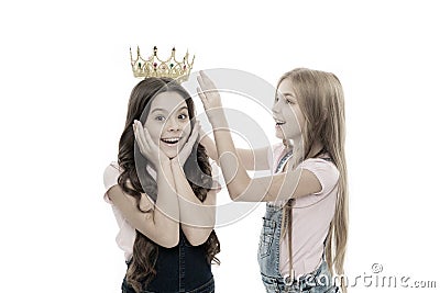 Title goes to cute kid. My best friend. Personal appreciation. Kid wear golden crown symbol princess. Every girl Stock Photo