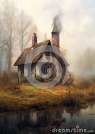 The title is Hype Small House Chimney Foggy Day Enchanted Dreams Stock Photo