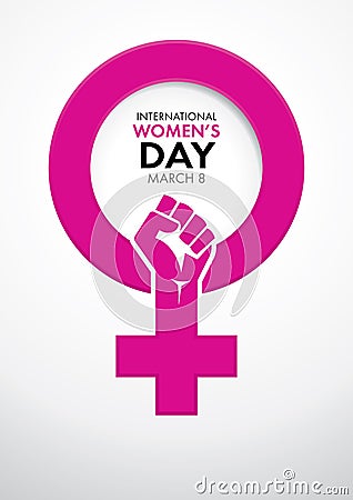 Title International Women`s Day inside the symbol of woman in pink with a closed fist inside the symbol on white background. Vector Illustration