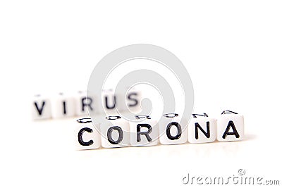The title made of miniature white dices with black letters of very dangerous deadly corona virus type Stock Photo