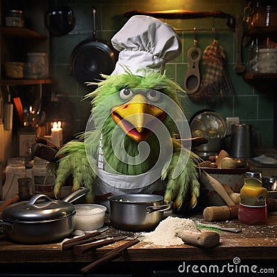 Muppet metaphorical green color chicken, making something in kitchen Stock Photo