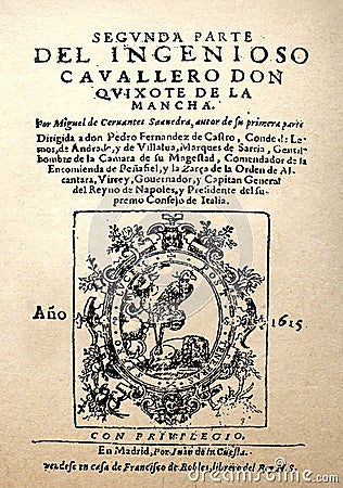 Title page of Don Quixote novel by Miguel de Cervantes published in 1615 Editorial Stock Photo