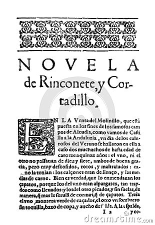Title page of of Rinconete y Cortadillo novel by Miguel de Cervantes Editorial Stock Photo
