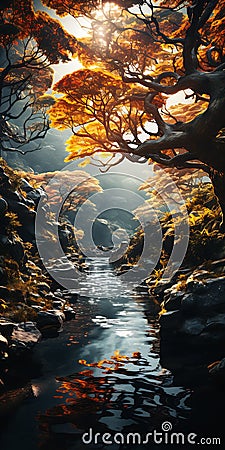 The title is River Running Forest Trees Concept City Still Enter Stock Photo
