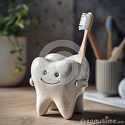 Stoneware cartoon tooth holding a toothbrush Stock Photo