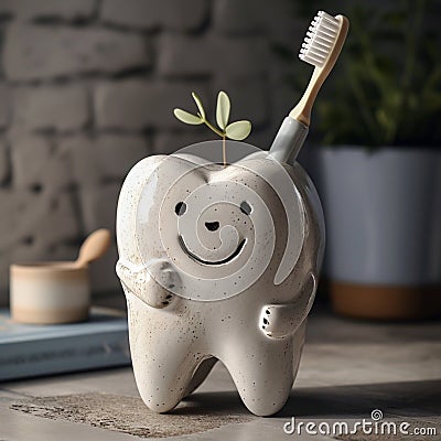 Stoneware cartoon tooth holding a toothbrush Stock Photo