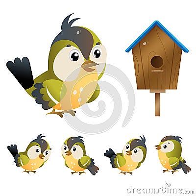 Titmouse. Color images of cartoon bird with birdhouse on white background. Vector illustration set for kids Vector Illustration