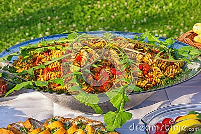 Montenegro, Tivat city, Zucenica festival. June 1, 2019. Plate with pasta with zucenica leaves wild chicory Editorial Stock Photo