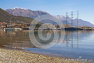 Tivat city, Montenegro - March 12, 2020: Coast of Kotor Bay. Marina Porto Montenegro with sailing yacht Black Pearl Stock Photo