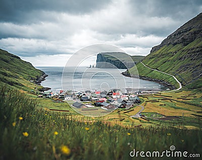 Tjornuvik beautiful town in the Faroe Islands, sit on the north coast of Streymoy, Beautiful Scandinavian Village Stock Photo