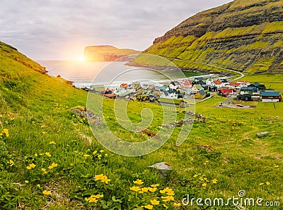 Tjornuvik Scandinavian Village, Located On The Faroe Islands, sit on the north coast of Streymoy Stock Photo