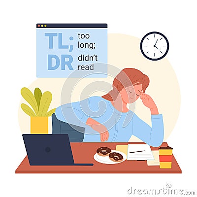 TLDR concept, too long didnt read, lazy girl sitting at computer desk, ignore text Vector Illustration