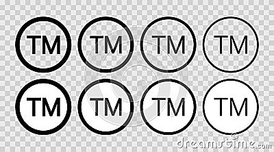 TM icon. Set of tm icons. Trademark symbols. Line trade marks. Signs of copyright. Logo for patent and trademark isolated on Vector Illustration