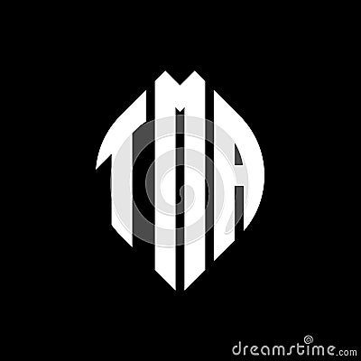 TMA circle letter logo design with circle and ellipse shape. TMA ellipse letters with typographic style. The three initials form a Vector Illustration