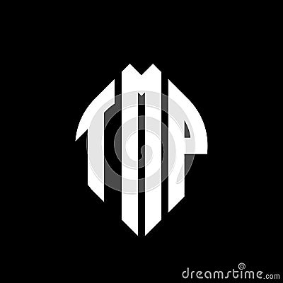 TMP circle letter logo design with circle and ellipse shape. TMP ellipse letters with typographic style. The three initials form a Vector Illustration