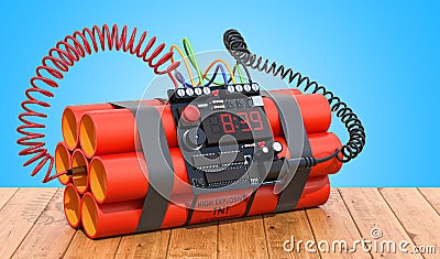 TNT bomb explosive with digital countdown timer clock on the woo Stock Photo