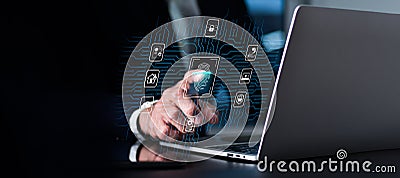 To access a private system. Biometric fingerprint scanning provides safe access to a secured data network. On a laptop computer, a Stock Photo