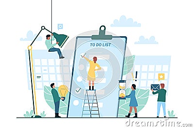 To do check list and tiny business people work on prioritizing and goals management Vector Illustration