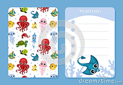To do list with cute sea animals. Notebook, diary, stationery, organizer page, sticker with marine creatures seamless Vector Illustration