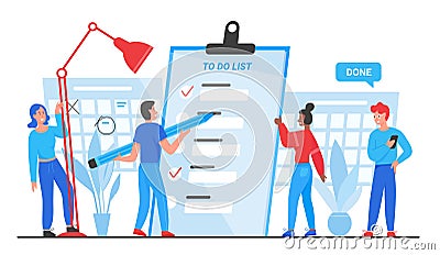 To do list, goals complete concept vector illustration, cartoon flat tiny people group planning, standing near checklist Vector Illustration